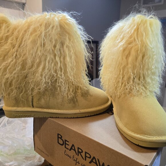 New Bearpaw Boo Boots Leather Suede Long Fur Sheepskin Women's Yellow Size 7 NEW - Picture 4 of 13